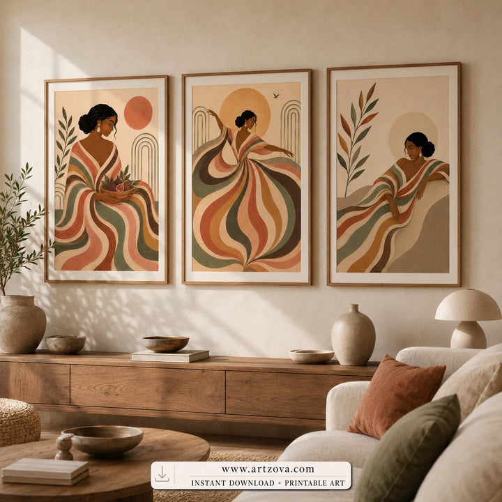 Flowing Grace set of three paintings framed in a living room