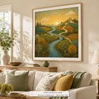 Golden Valley naive folk landscape wall art print framed in a living room