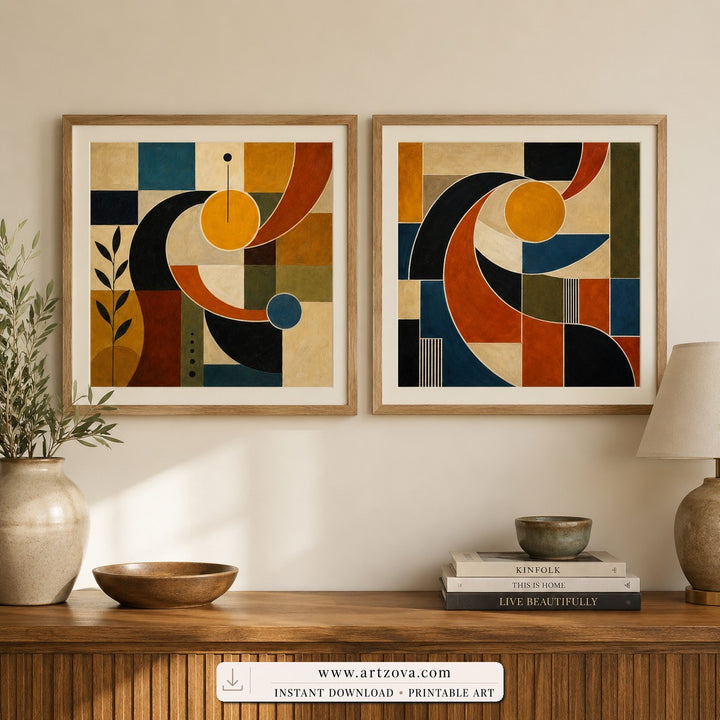 Modern Orbits set of two paintings framed in an office