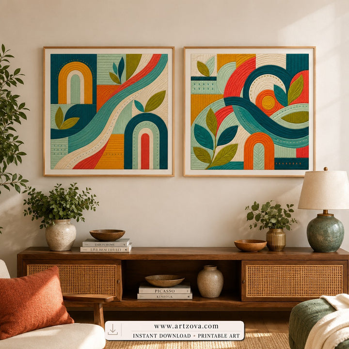Rainbow Currents set of two paintings framed in a living room