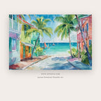 Coral Lane painting - a sunlit seaside lane opening between colorful houses toward turquoise water, in turquoise and coral
