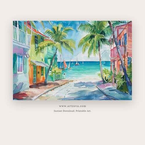 Coral Lane painting - a sunlit seaside lane opening between colorful houses toward turquoise water, in turquoise and coral