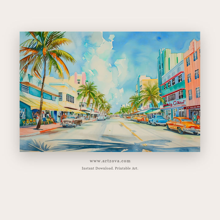 City Quiet printable city wall art in Sky Blue and Tan - Artzova