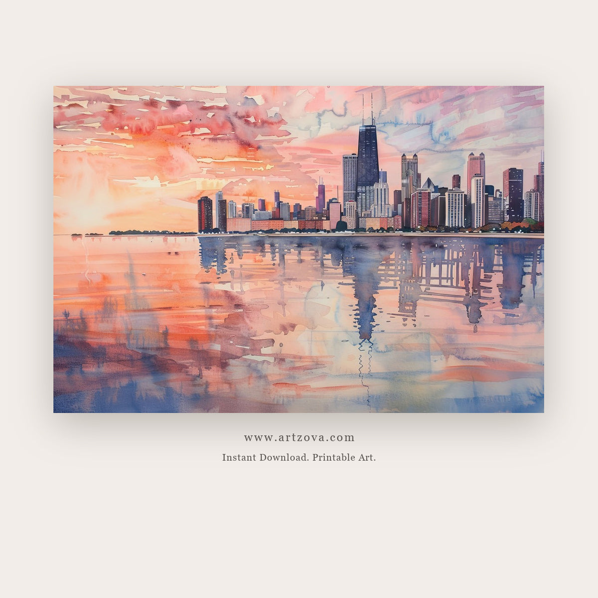 City Quiet Music printable city wall art in Peach and Gray - Artzova
