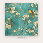 Turquoise Spring painting 1 of 2 - a golden bird perched among white and pink blossoms on turquoise, in turquoise and gold
