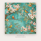 Turquoise Spring painting 2 of 2 - a golden bird perched among white and pink blossoms on turquoise, in turquoise and gold