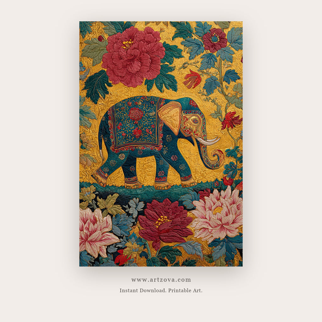 Light Elephant – indian art printable wall art in Gold and Terracotta