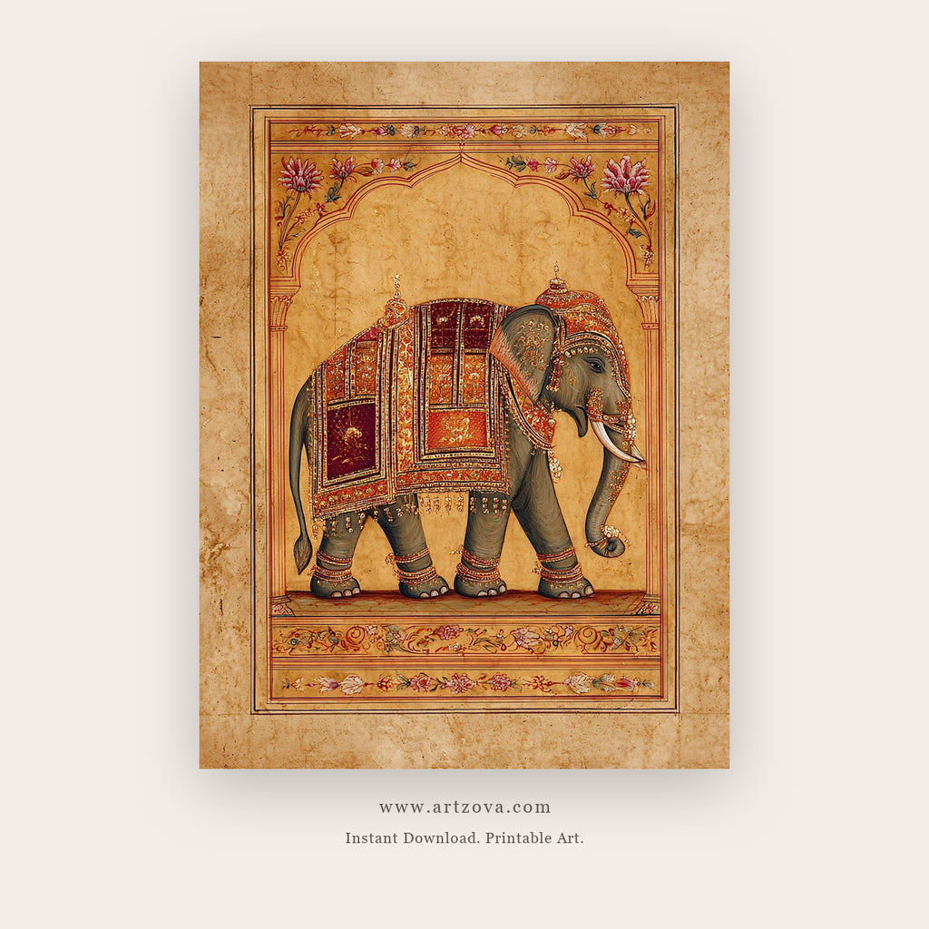 Elephant – indian art printable wall art in Tan and Gold