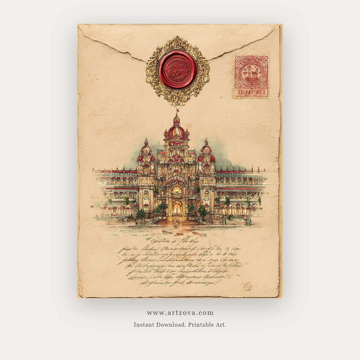 Soft Color Temple – indian art printable wall art in Tan and Brown