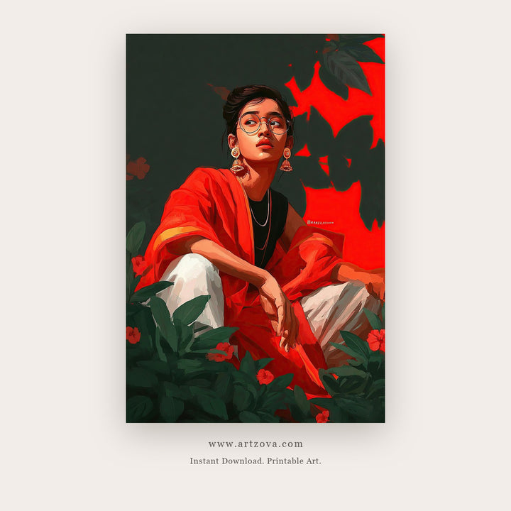 Red Figure – figurative art printable wall art in Red and Forest Green