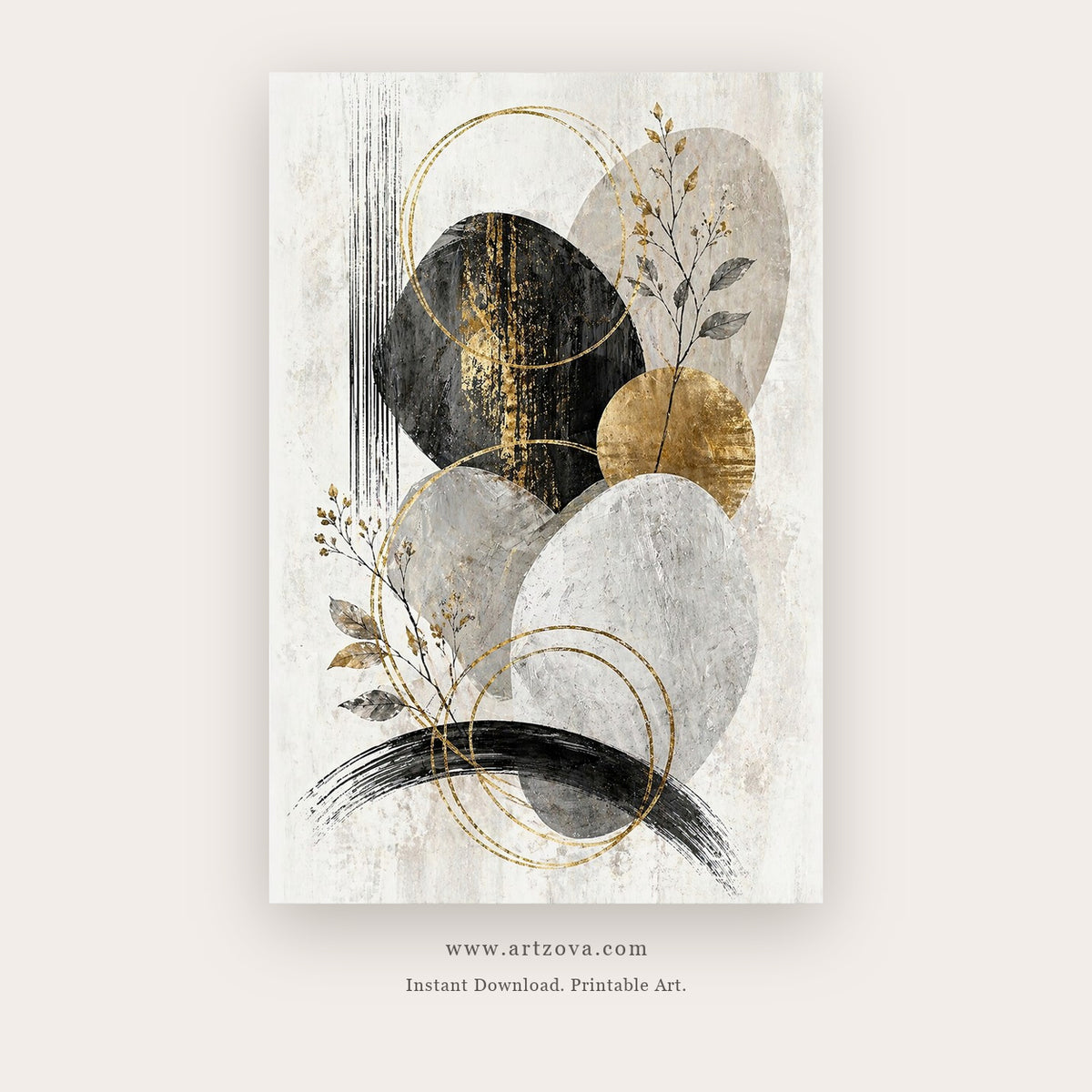 Golden Orbit Abstract – abstract wall art printable in White and Gold