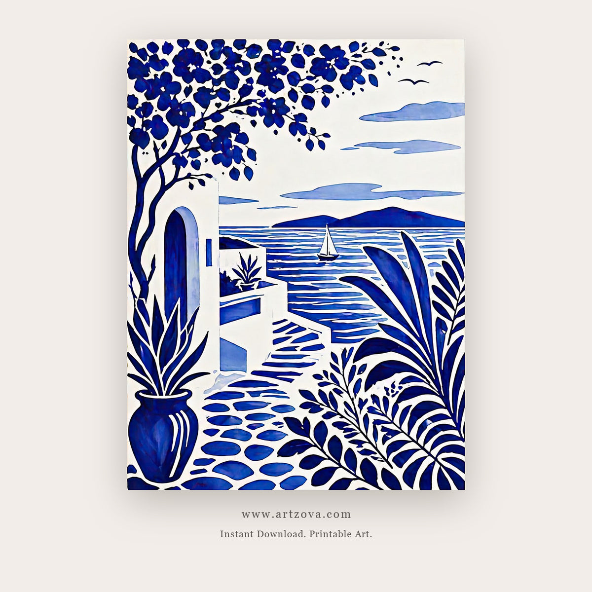 Aegean Twilight – coastal wall art printable in Navy Blue and White