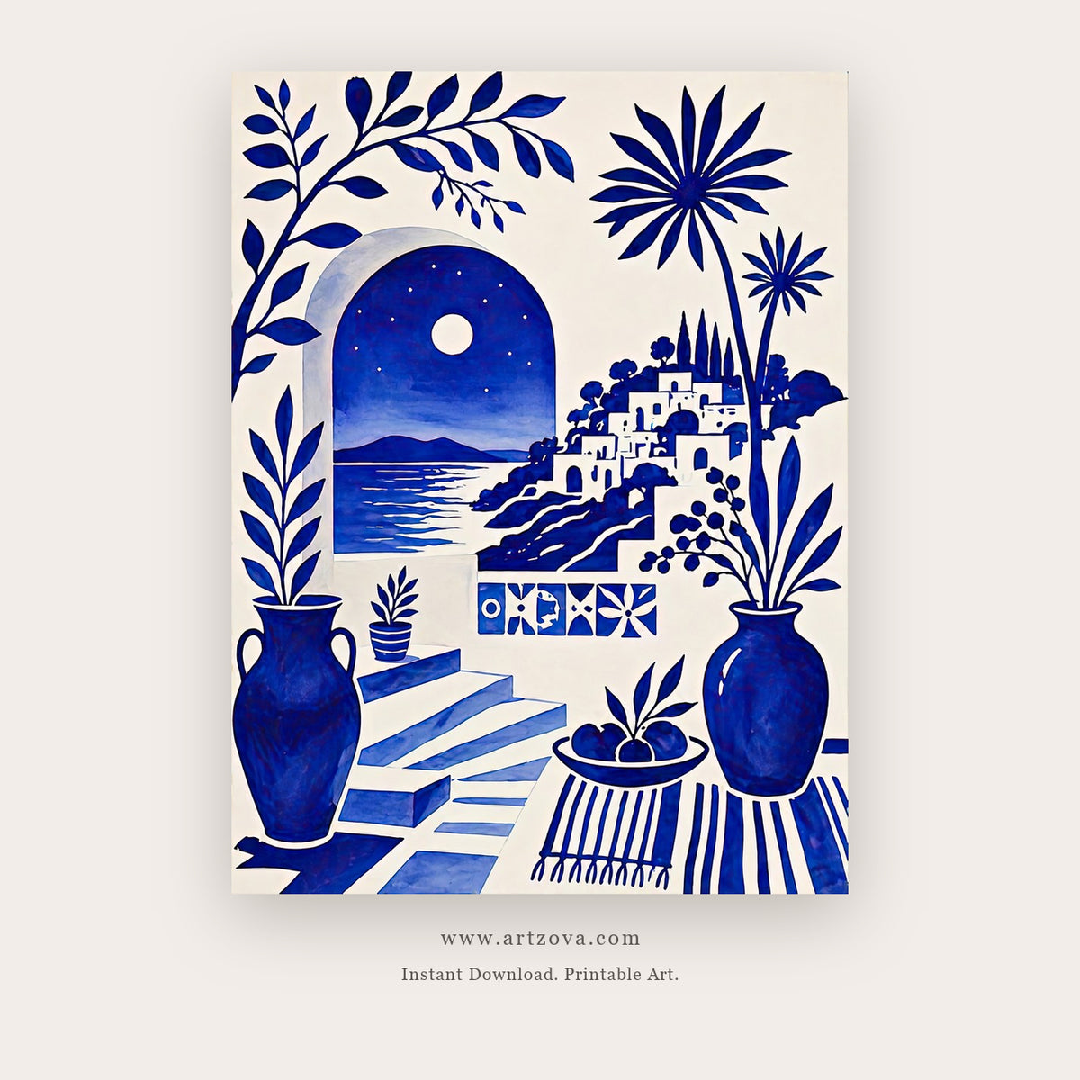 Moonlit Aegean Courtyard – coastal wall art printable in Navy Blue and White