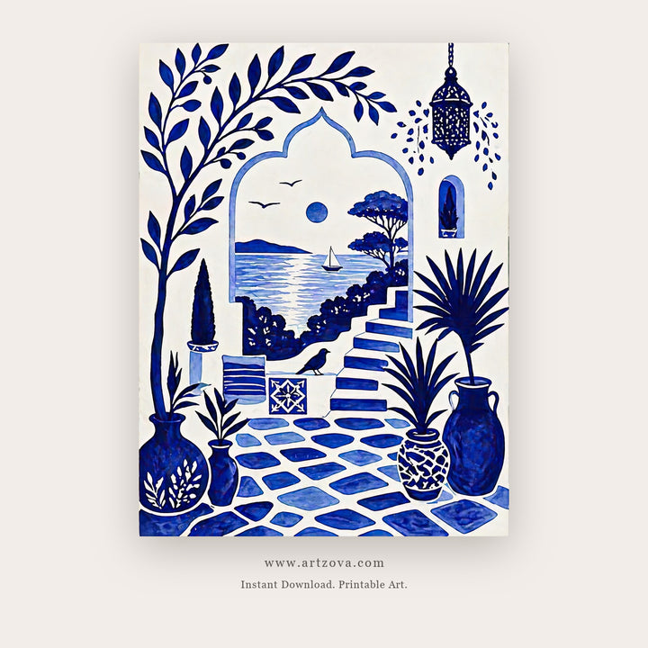 Blue Archway Coast – coastal wall art printable in Navy Blue and White
