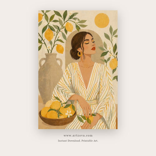 Citrus Daydreams painting 1 of 2 - a serene woman seated among citrus fruit, leaves and warm sun shapes, in olive green and orange