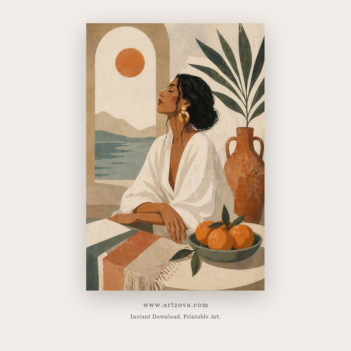 Citrus Daydreams painting 2 of 2 - a serene woman seated among citrus fruit, leaves and warm sun shapes, in olive green and orange