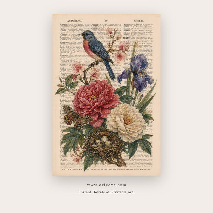 Vintage Garden Bird – bird wall art printable in Tan and Brown