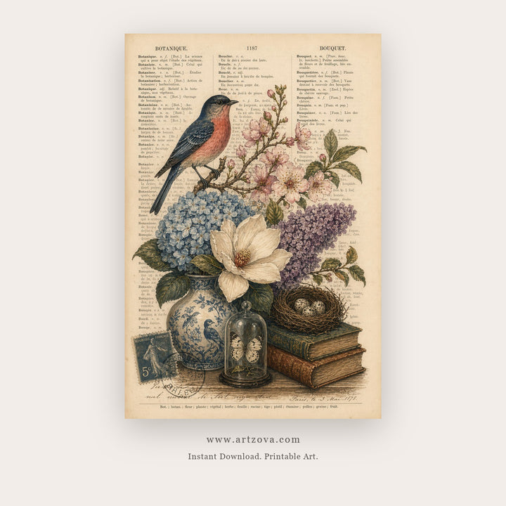 Vintage Robin and Nest – bird wall art printable in Cream and Tan