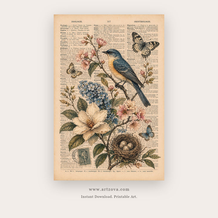 Vintage Bird and Butterfly – bird wall art printable in Beige and Brown
