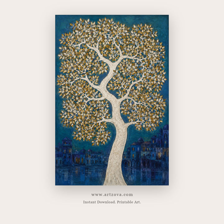 Navy Tree of Life – botanical & floral art printable in Navy Blue and Gold