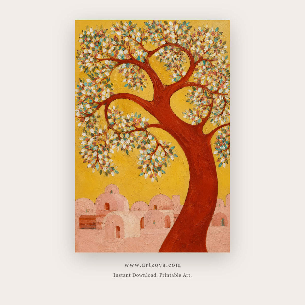 Golden Tree of Life – botanical & floral art printable in Coral and Gold