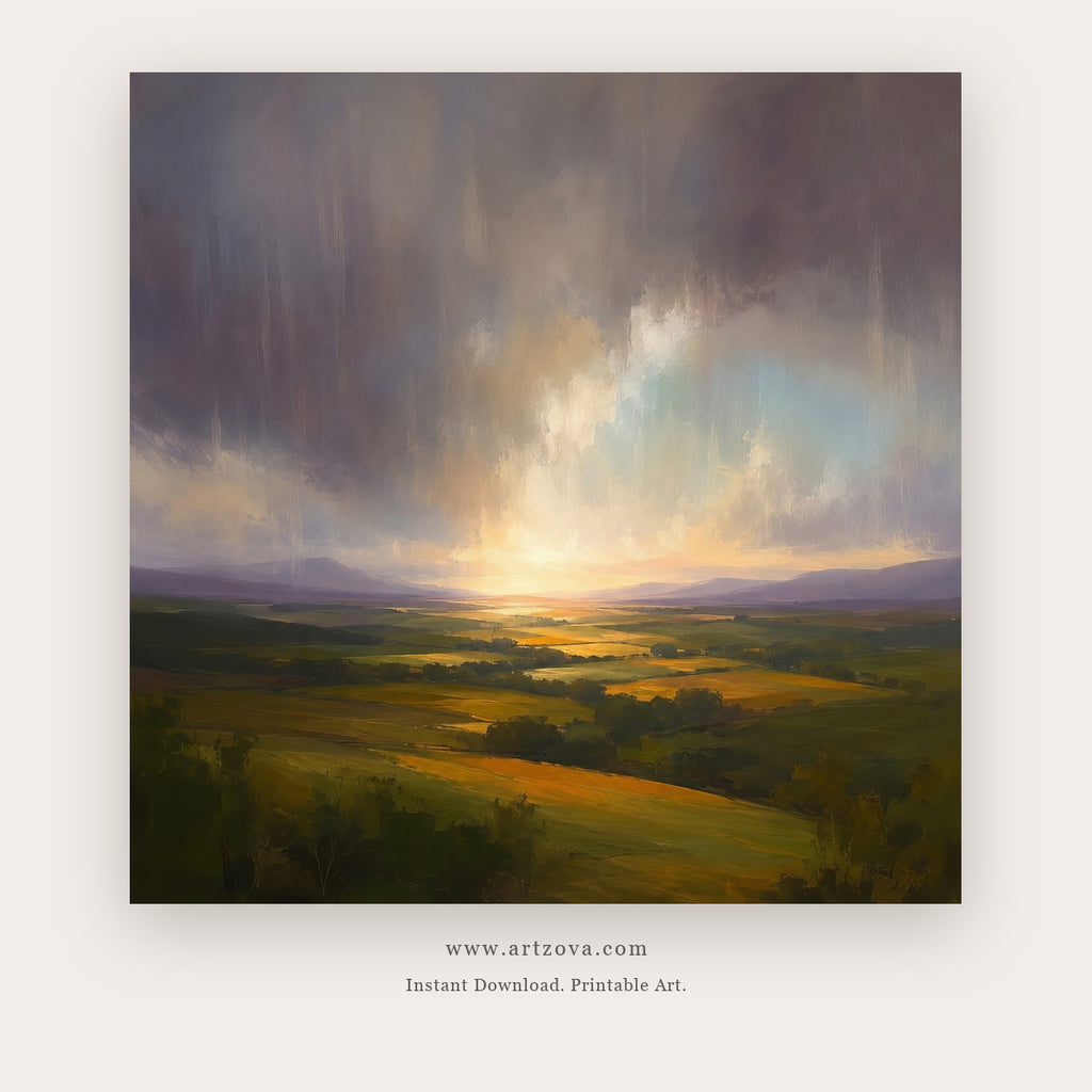 Stormlight Valley – landscape wall art printable in Charcoal and Gold