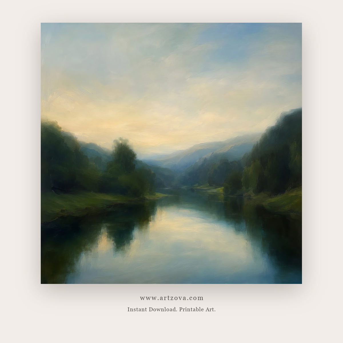 Misty Mountain Lake – landscape wall art printable in Sage Green and Gray
