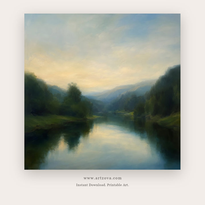 Misty Mountain Lake – landscape wall art printable in Sage Green and Gray