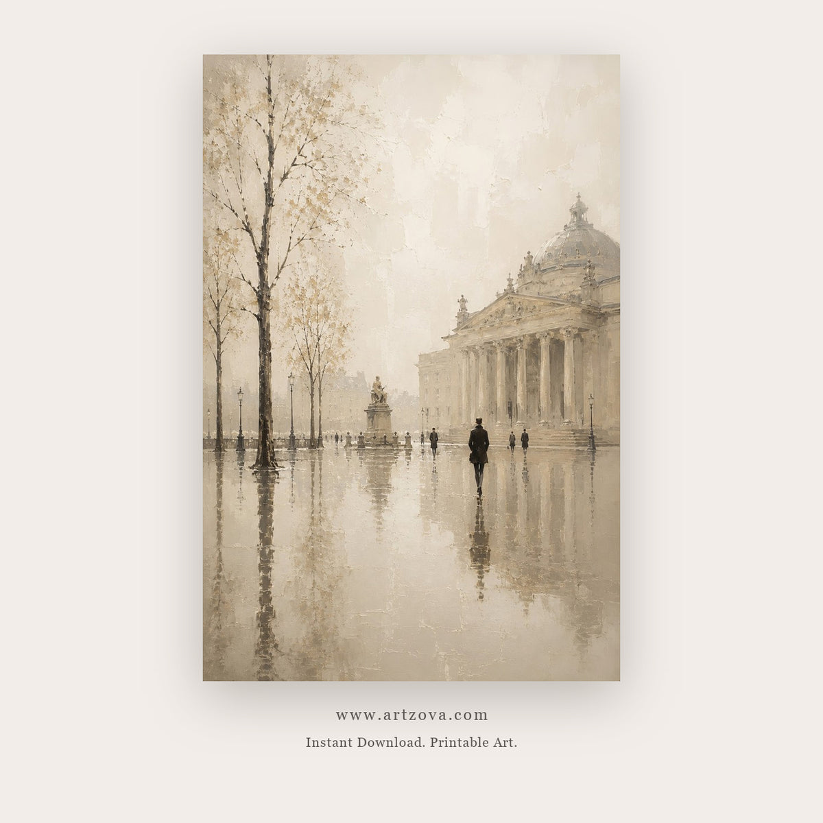 Quiet European Street – city wall art printable in Beige and Gray