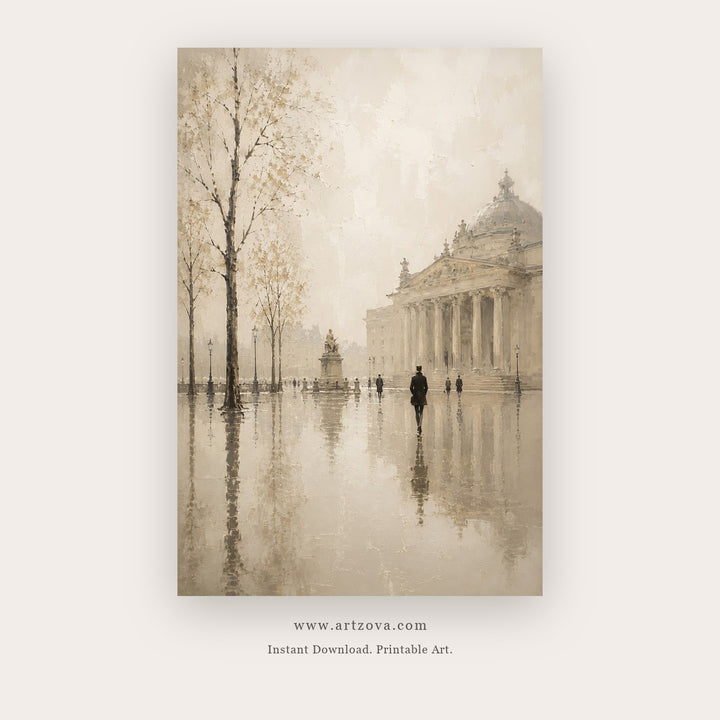 Quiet European Street – city wall art printable in Beige and Gray