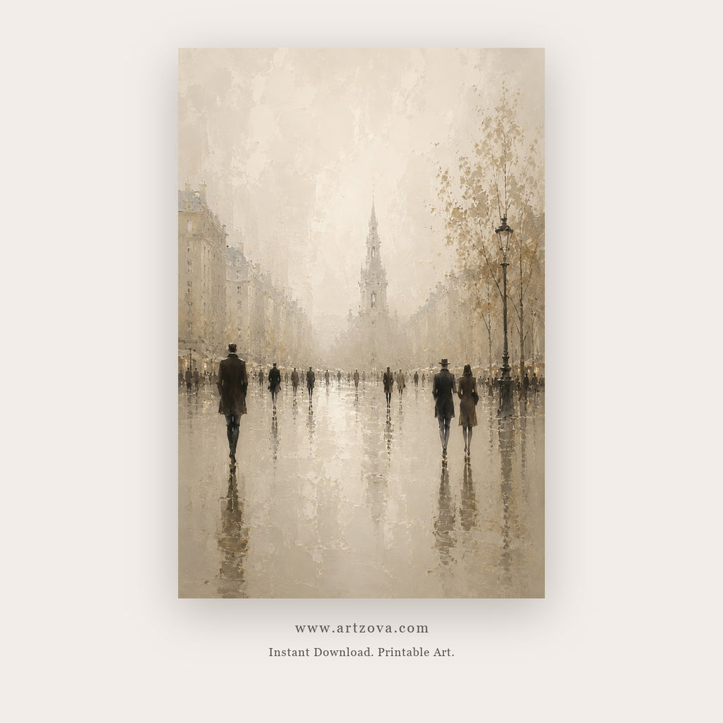 Foggy City Promenade – city wall art printable in Gray and Charcoal
