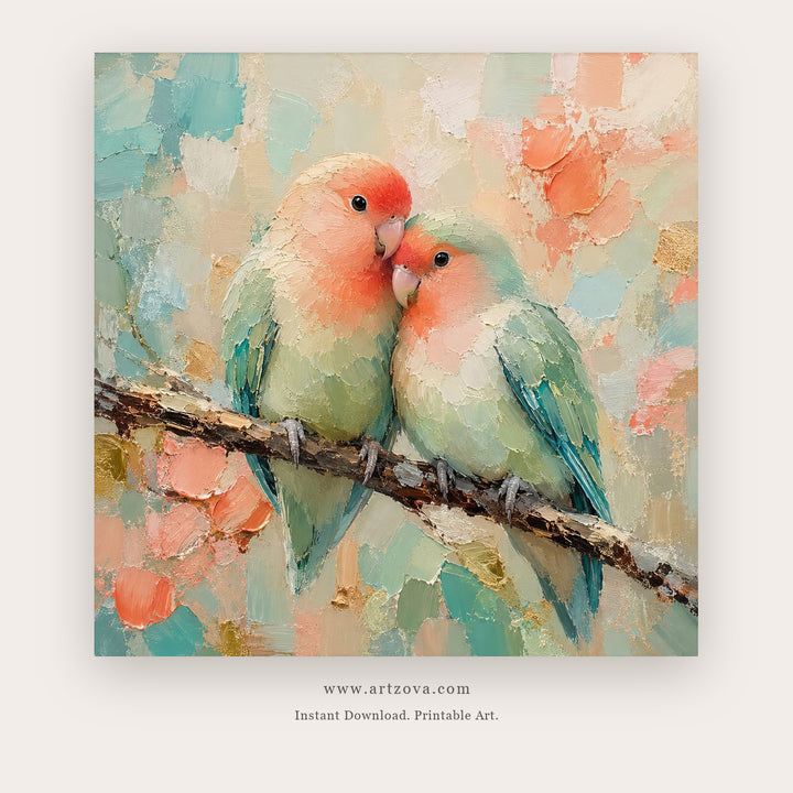 Peach Lovebirds – bird wall art printable in Peach and Sky Blue