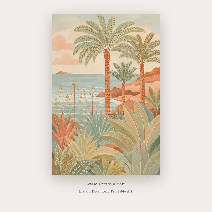 Pastel Palm Oasis – boho wall art printable in Sage Green and Peach