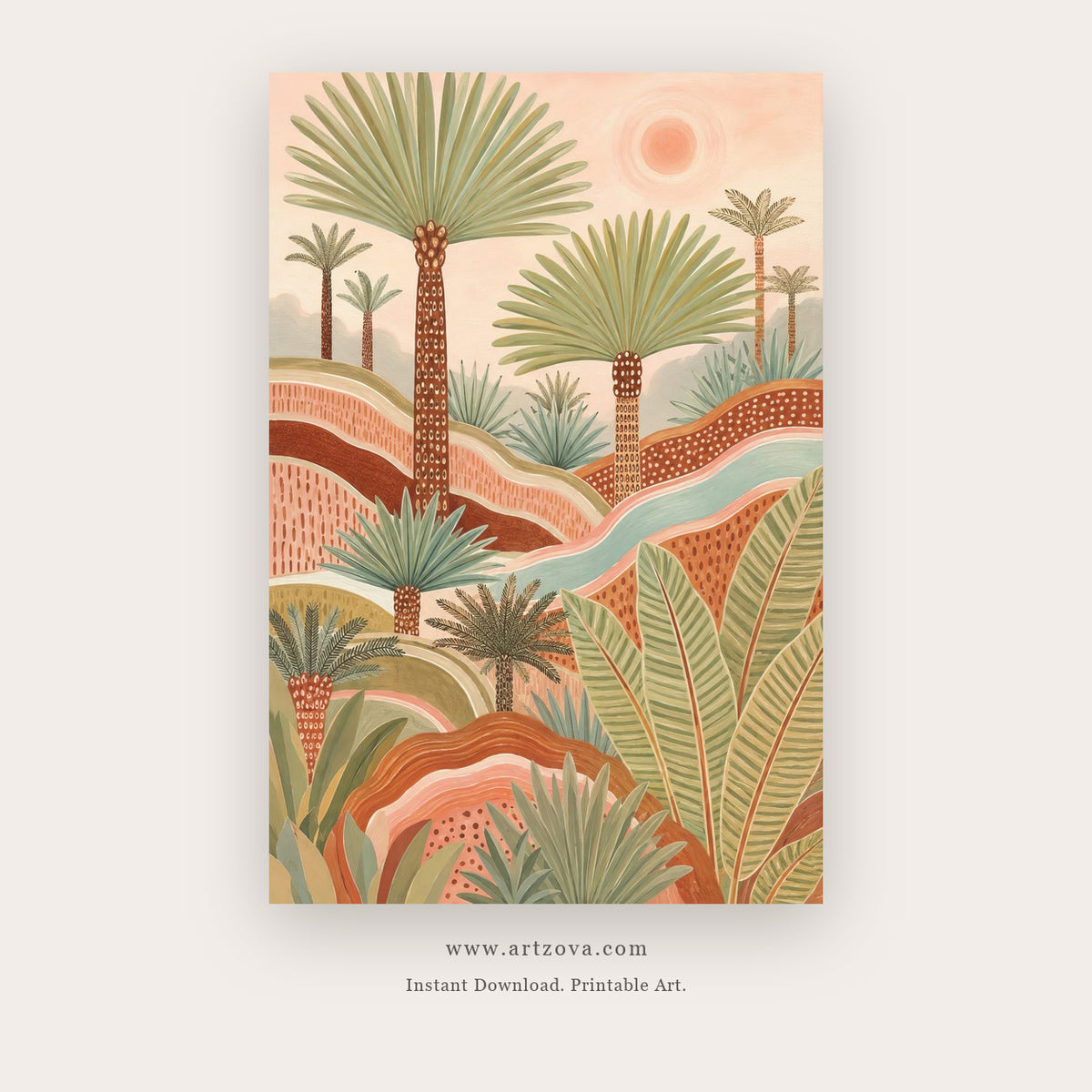 Quiet Palm Landscape – boho wall art printable in Sage Green and Tan