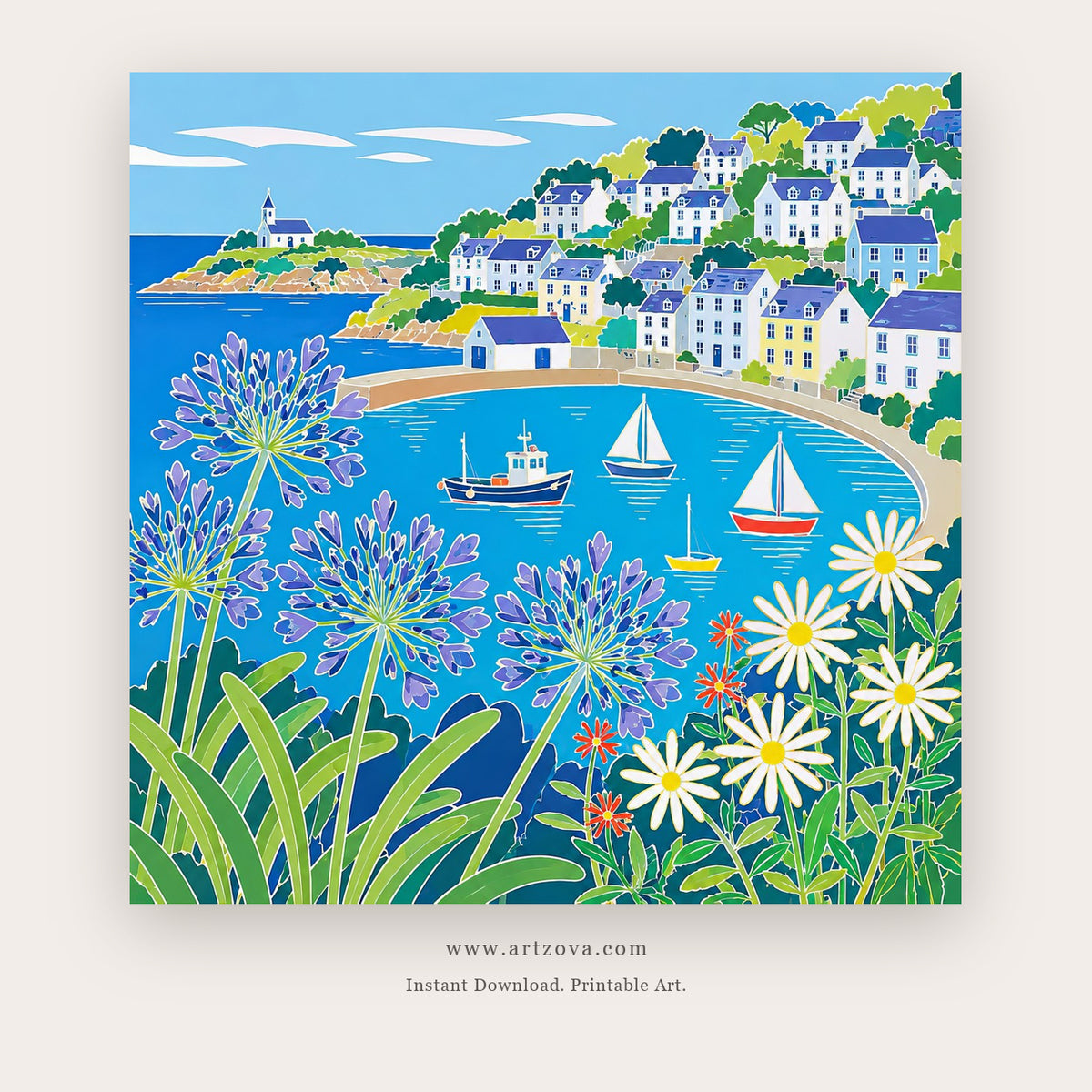 Mediterranean Spring Bay – coastal wall art printable in Sky Blue and Green