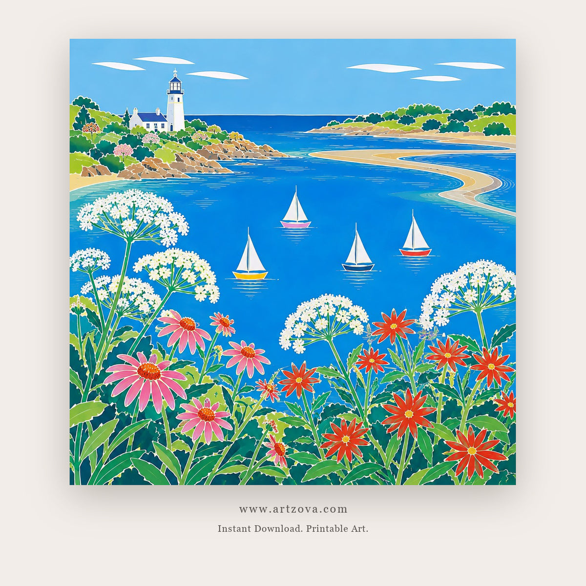 Blue Coast Garden – coastal wall art printable in Sky Blue and Green