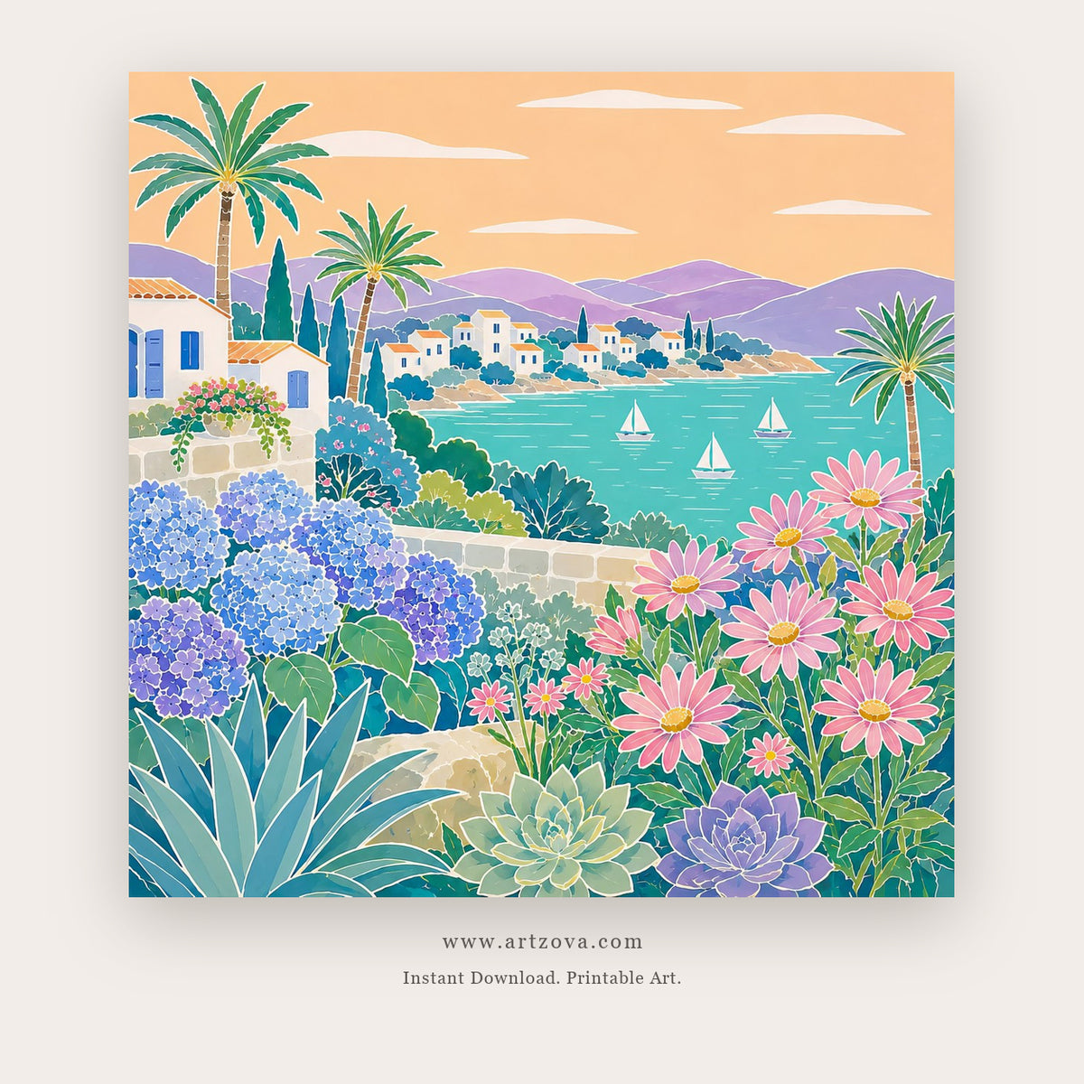 Sunset Island Garden – coastal wall art printable in Peach and Sky Blue