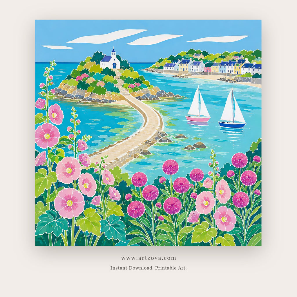 Sailboats by the Flowered Bay – coastal wall art printable in Sky Blue and Pink