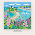Sailboats by the Flowered Bay – coastal wall art printable in Sky Blue and Pink