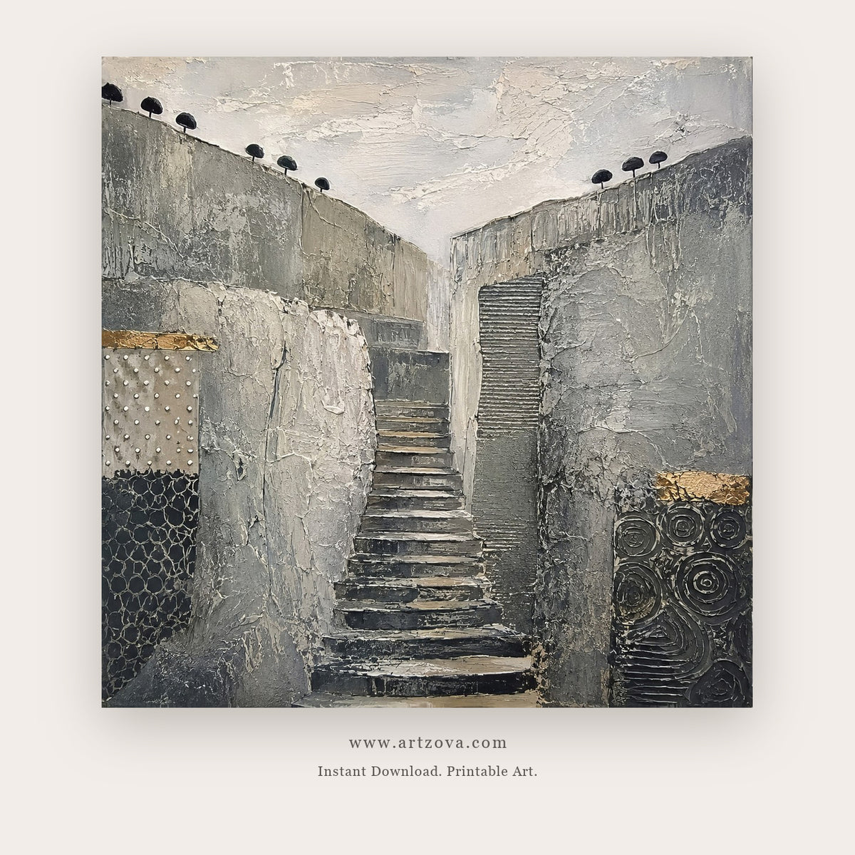 Silent Stairway Abstract – abstract wall art printable in Gray and Silver