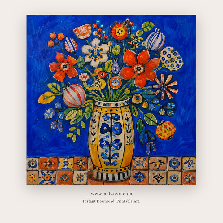 Cobalt Folk Bouquet – still life art printable in Navy Blue and Orange