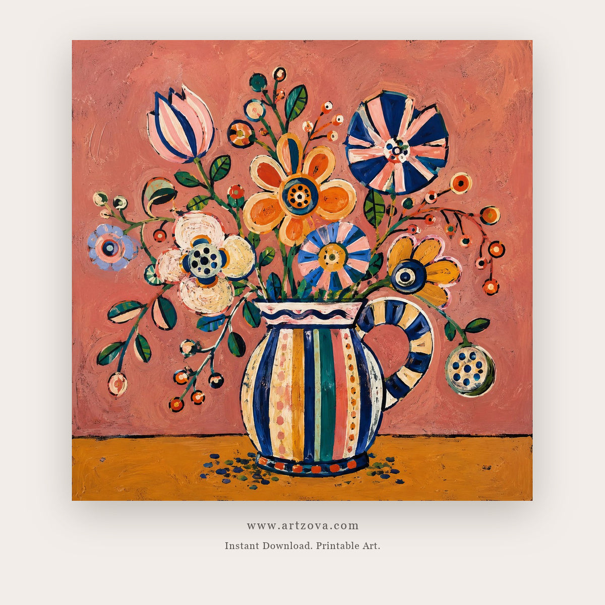 Terracotta Folk Bouquet – still life art printable in Coral and Orange