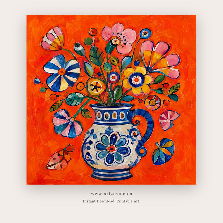 Scarlet Folk Bouquet – still life art printable in Red and Orange
