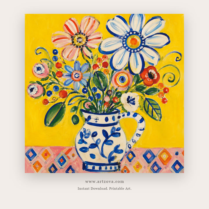 Sunlit Folk Bouquet – still life art printable in Yellow and Navy Blue