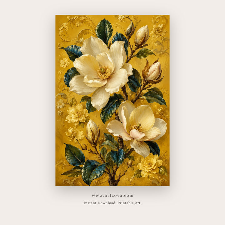 Golden White Magnolias – botanical & floral art printable in Gold and White