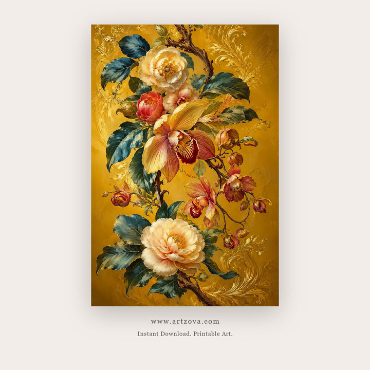 Golden Rose Bouquet – botanical & floral art printable in Gold and Peach