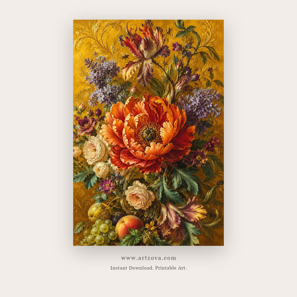 Antique Autumn Bouquet – still life art printable in Orange and Gold