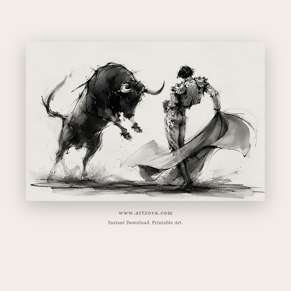 Bulls in Motion – figurative wall art printable in Black and White