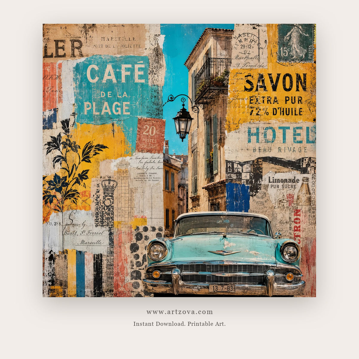 Retro Riviera Café – european theme art printable in Turquoise and Orange