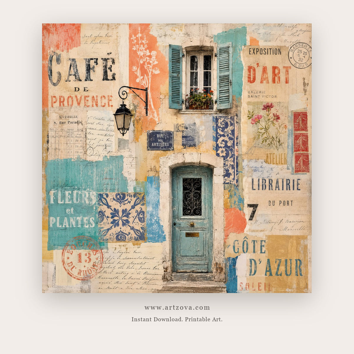 Provençal Blue Door – european theme art printable in Peach and Turquoise